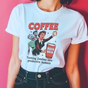 Funny Coffee Halloween Graphic Tee Spooky Season Zombie Vintage Style T-Shirt